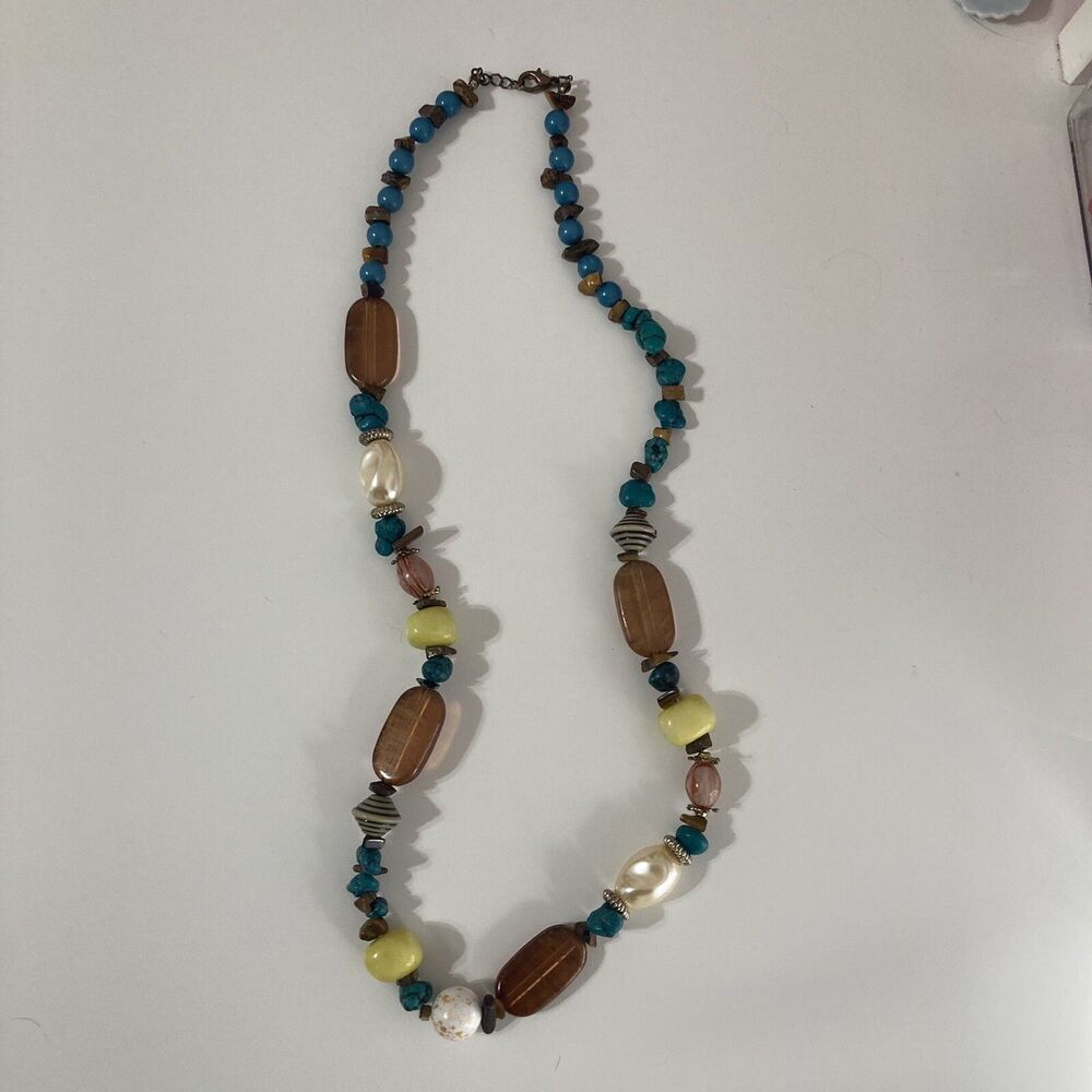 Brown Yellow Turquoise Faux Pearl Stone Gold Tone Mod Statement Beaded Necklace